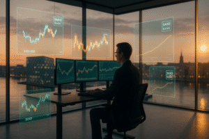 Man analyzing Saxo Bank trading charts on multi-monitor setup with digital market graphs and city skyline at sunset